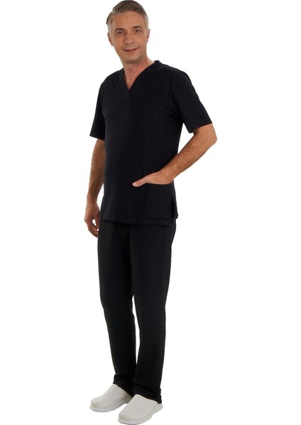 V Yaka Doktor Önlüğü Eczacı Önlüğü Laborant Önlüğü Hemşire Önlüğü Estetisyen Önlüğü Siyah Kısa Kol Erkek Önlük