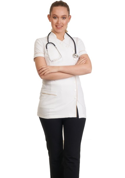 9 Düğmeli Doktor Önlüğü Eczacı Önlüğü Hemşire Önlüğü Estetisyen Önlüğü Kısa Kol Beyaz Kadın Önlük