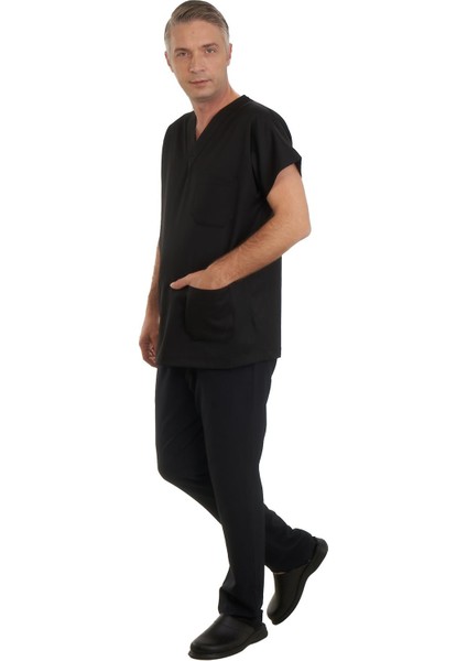 V Yaka Doktor Önlüğü Eczacı Önlüğü Laborant Önlüğü Hemşire Önlüğü Estetisyen Önlüğü Siyah Kısa Kol Erkek Önlük