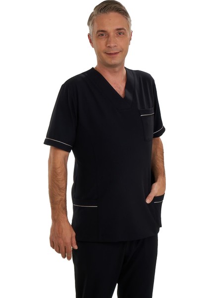 V Yaka Doktor Önlüğü Eczacı Önlüğü Laborant Önlüğü Hemşire Önlüğü Estetisyen Önlüğü Siyah Kısa Kol Erkek Önlük
