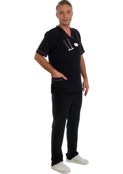 V Yaka Doktor Önlüğü Eczacı Önlüğü Laborant Önlüğü Hemşire Önlüğü Estetisyen Önlüğü Siyah Kısa Kol Erkek Önlük