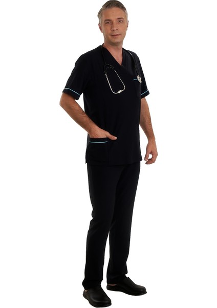 V Yaka Doktor Önlüğü Eczacı Önlüğü Laborant Önlüğü Hemşire Önlüğü Estetisyen Önlüğü Siyah Kısa Kol Erkek Önlük
