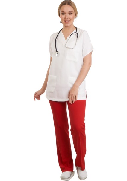 V Yaka Doktor Önlüğü Eczacı Önlüğü Laborant Önlüğü Hemşire Önlüğü Estetisyen Önlüğü Beyaz Kısa Kol Kadın Önlük