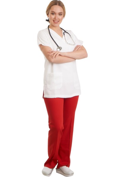 V Yaka Doktor Önlüğü Eczacı Önlüğü Laborant Önlüğü Hemşire Önlüğü Estetisyen Önlüğü Beyaz Kısa Kol Kadın Önlük