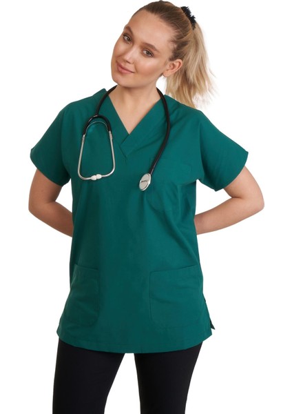 V Yaka Doktor Önlüğü Eczacı Önlüğü Laborant Önlüğü Hemşire Önlüğü Estetisyen Önlüğü Yeşil Kısa Kol Kadın Önlük fırsatları