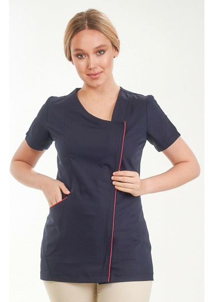 Asimetrik Doktor Önlüğü Eczacı Önlüğü Hemşire Önlüğü Estetisyen Önlüğü Kısa Kol Lacivert Kadın Önlük