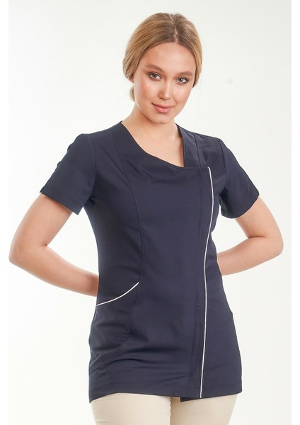 Asimetrik Doktor Önlüğü Eczacı Önlüğü Hemşire Önlüğü Estetisyen Önlüğü Kısa Kol Lacivert Kadın Önlük