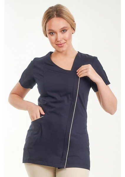 Asimetrik Doktor Önlüğü Eczacı Önlüğü Hemşire Önlüğü Estetisyen Önlüğü Kısa Kol Lacivert Kadın Önlük fiyatları