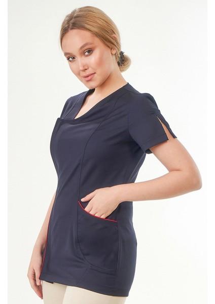 Asimetrik Doktor Önlüğü Eczacı Önlüğü Hemşire Önlüğü Estetisyen Önlüğü Kısa Kol Lacivert Kadın Önlük fiyatları
