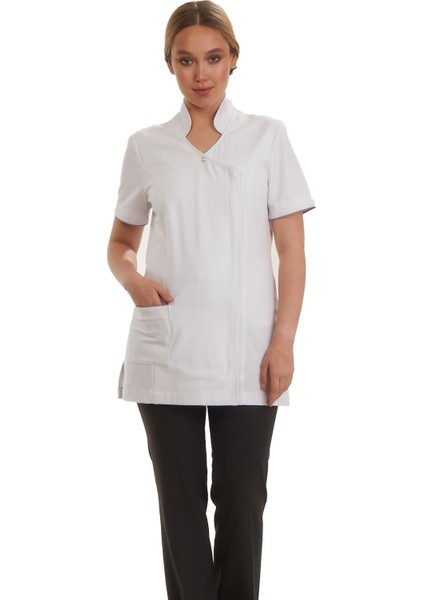 Işık Fermuarlı Doktor Önlüğü Eczacı Önlüğü Hemşire Önlüğü Estetisyen Önlüğü Beyaz Monaliza Kısa Kol Kadın Önlük