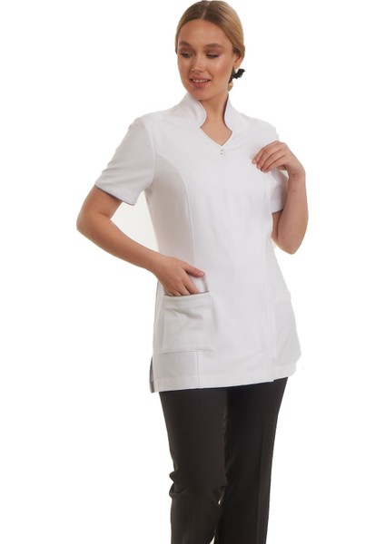 Işık Fermuarlı Doktor Önlüğü Eczacı Önlüğü Hemşire Önlüğü Estetisyen Önlüğü Beyaz Monaliza Kısa Kol Kadın Önlük fiyatları