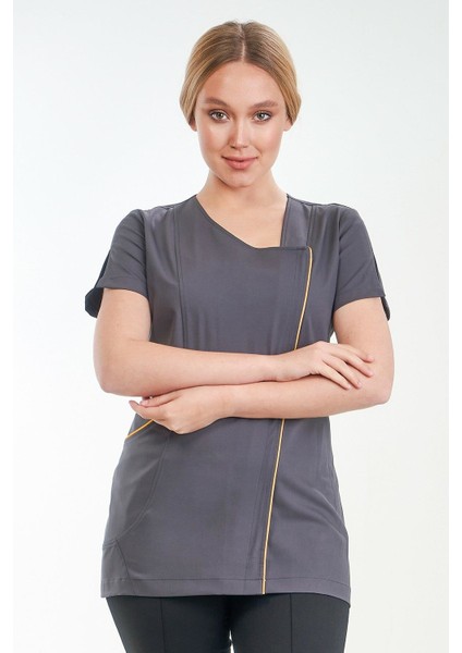 Asimetrik Doktor Önlüğü Eczacı Önlüğü Hemşire Önlüğü Estetisyen Önlüğü Kısa Kol Gri Kadın Önlük fiyatları