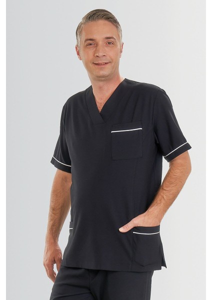V Yaka Doktor Önlüğü Eczacı Önlüğü Laborant Önlüğü Hemşire Önlüğü Estetisyen Önlüğü Lacivert Kısa Kol Erkek Önlük