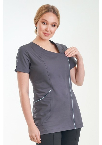 Asimetrik Doktor Önlüğü Eczacı Önlüğü Hemşire Önlüğü Estetisyen Önlüğü Kısa Kol Gri Kadın Önlük