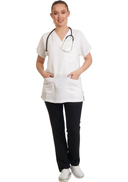 V Yaka Doktor Önlüğü Eczacı Önlüğü Laborant Önlüğü Hemşire Önlüğü Estetisyen Önlüğü Beyaz Kısa Kol Kadın Önlük