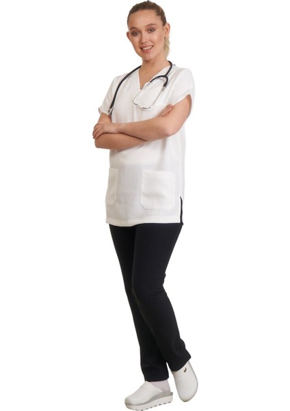 V Yaka Doktor Önlüğü Eczacı Önlüğü Laborant Önlüğü Hemşire Önlüğü Estetisyen Önlüğü Beyaz Kısa Kol Kadın Önlük