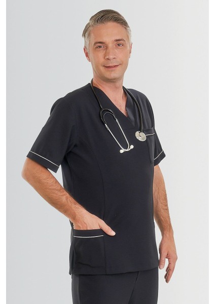 V Yaka Doktor Önlüğü Eczacı Önlüğü Laborant Önlüğü Hemşire Önlüğü Estetisyen Önlüğü Lacivert Kısa Kol Erkek Önlük