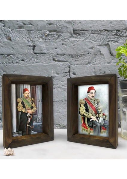 Gift Sultan Iı Abdülhamit Han Tasarımlı Dekoratif 2'li Doğal Masif Ahşap Çerçeve 15X20CM-1