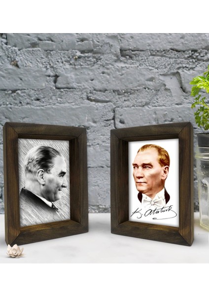 Gift Atatürk Tasarımlı Dekoratif 2'li Doğal Masif Ahşap Çerçeve 15X20CM-19