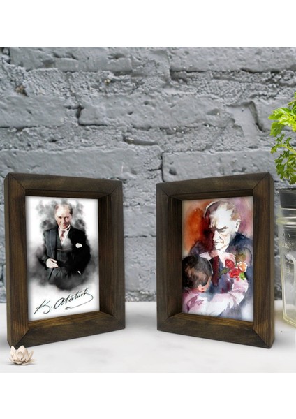 Gift Atatürk Tasarımlı Dekoratif 2'li Doğal Masif Ahşap Çerçeve 15X20CM-11
