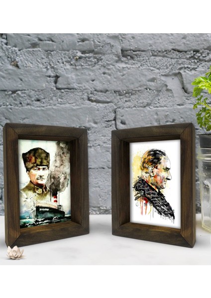 Gift Atatürk Tasarımlı Dekoratif 2'li Doğal Masif Ahşap Çerçeve 15X20CM-6