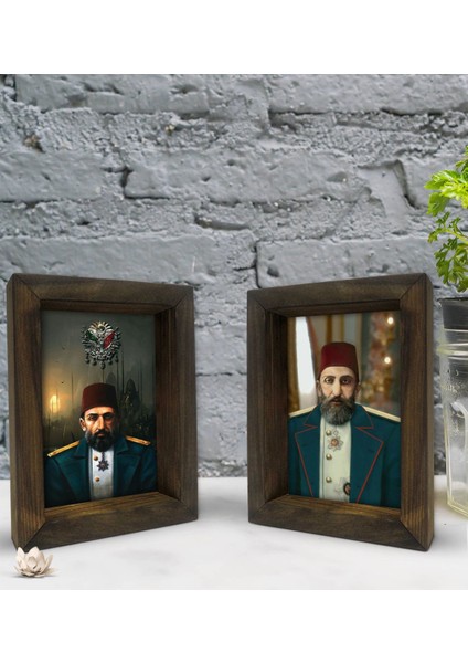 Gift Sultan Iı Abdülhamit Han Tasarımlı Dekoratif 2'li Doğal Masif Ahşap Çerçeve 15X20CM-2