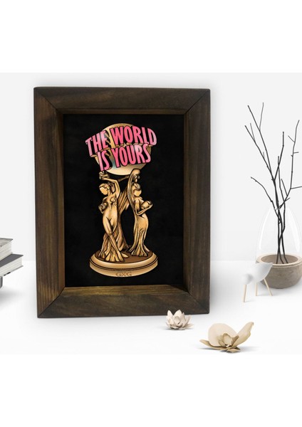 Gift The World Is Yours Tasarımlı Dekoratif Doğal Masif Ahşap Çerçeve 15X20CM-2