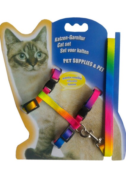 Aspet Gökkuşağı Desenli Kedi Göğüs Bel ve Gezdirme Tasma Takımı
