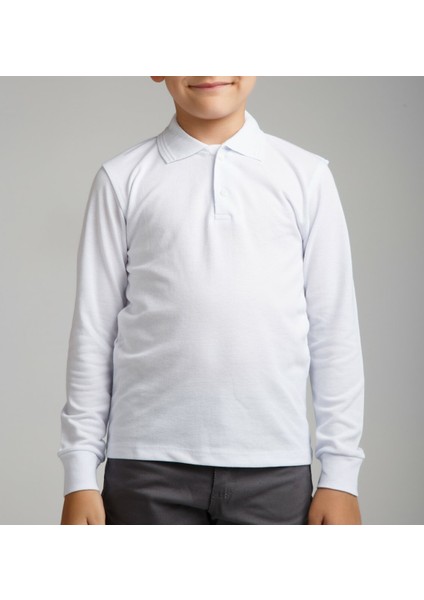Cocuk Polo Yaka Uzun Kol Beyaz T-Shirt