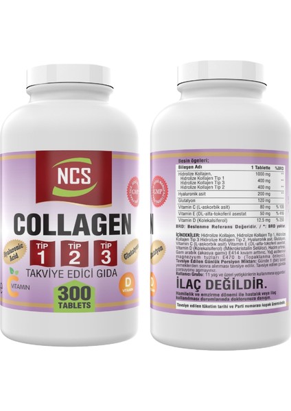 300 Tablet Hidrolize Collagen () Type (Tip) 1-2-3 & Shark Cartilage Demir Vitamin D3 1000 Mg 120 Tablet