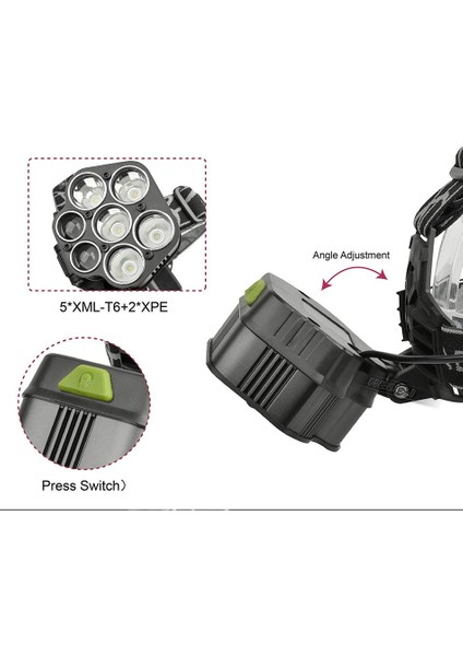 5 Beyaz 2 Kırmızı LED Kafa Feneri USB Şarj Portlu Cree Xml T6 18650