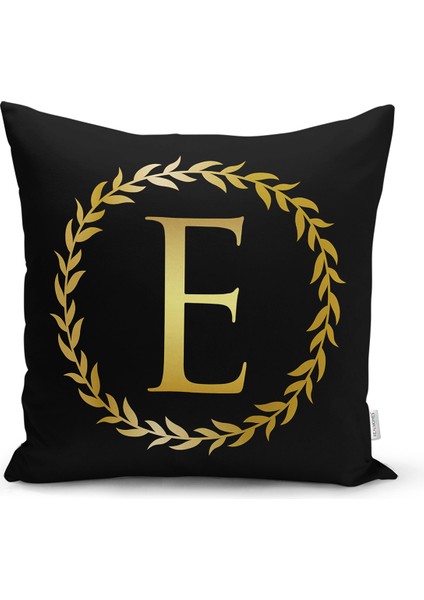 Real Homes Siyah Zemin Gold Yaprak Çerçeveli E Harfi Özel Tasarım Dijital Baskılı Yastık Kırlent Kılıfı
