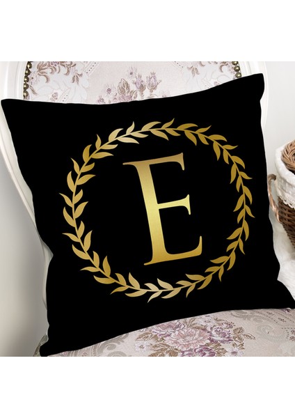 Real Homes Siyah Zemin Gold Yaprak Çerçeveli E Harfi Özel Tasarım Dijital Baskılı Yastık Kırlent Kılıfı fiyatları