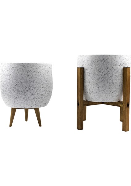 Ev Dekorasyon Aksesuar Beyaz Granit Toprak Saksı Saksılık Salon Çiçeklik İkili Set 3 Ayaklı- 4 Ayaklı- 19 CM