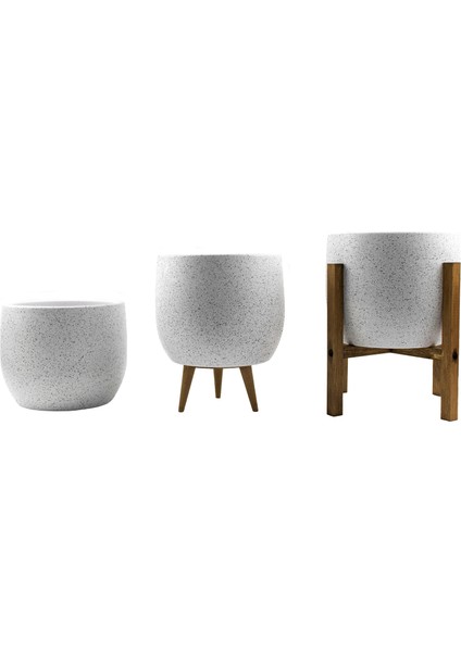 Ev Dekorasyon Aksesuar Beyaz Granit Toprak Saksı Saksılık Salon Çiçeklik Üçlü Set- 19 CM