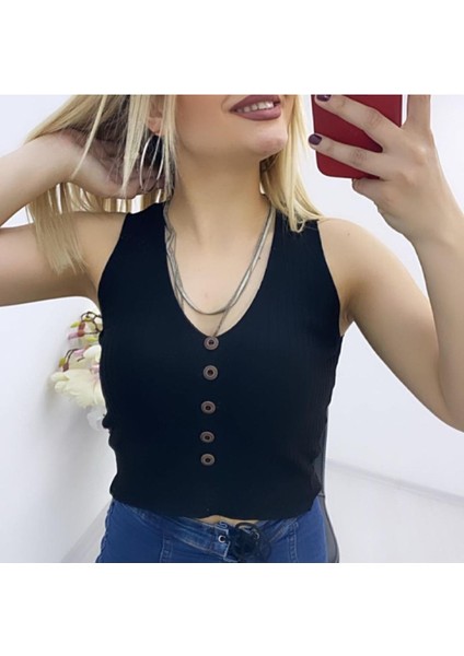 Siyah Likralı Fit Düğme Detaylı Triko Kadın Crop Bluz