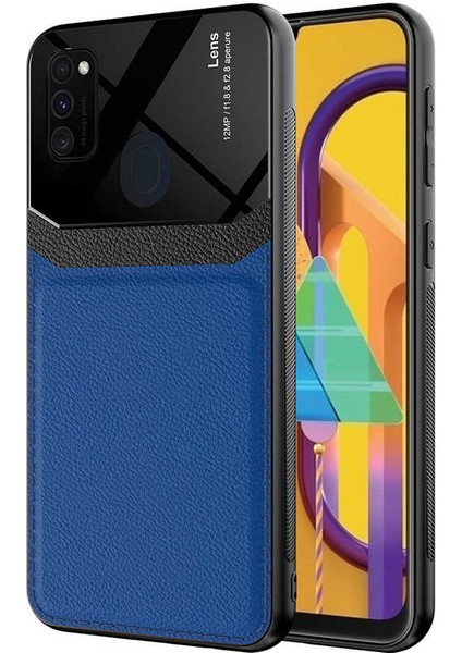 - Samsung Galaxy M21 - Kılıf Deri Görünümlü Parlak Mika Tasarımlı Emiks Kapak - Lacivert - T17599