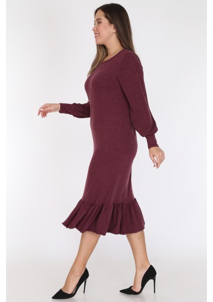 Bordo Eteği Fırfırlı Elbise 16E-0785