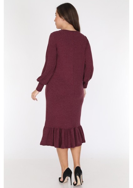 Bordo Eteği Fırfırlı Elbise 16E-0785