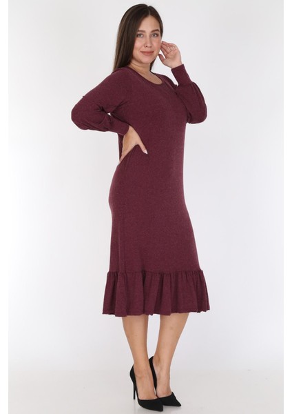 Bordo Eteği Fırfırlı Elbise 16E-0785