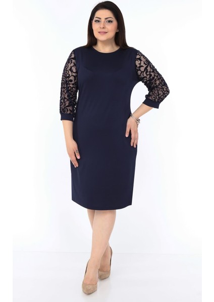 Lacivert Dantel Kol Büyük Beden Elbise 8A-0995