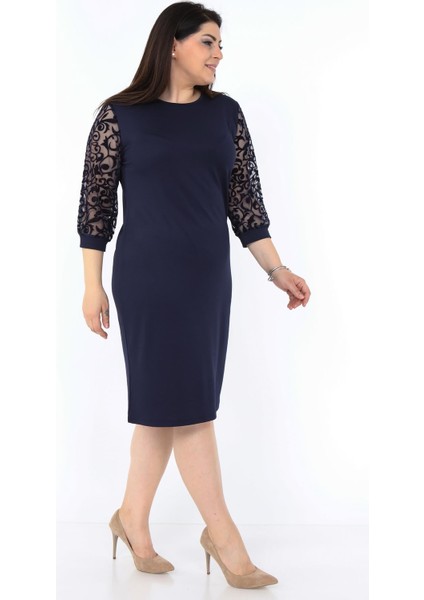 Lacivert Dantel Kol Büyük Beden Elbise 8A-0995 fiyatları