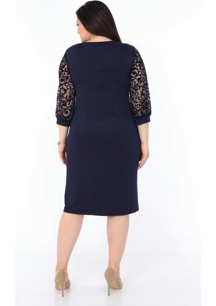 Lacivert Dantel Kol Büyük Beden Elbise 8A-0995 modelleri