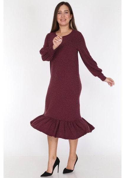 Bordo Eteği Fırfırlı Elbise 16E-0785