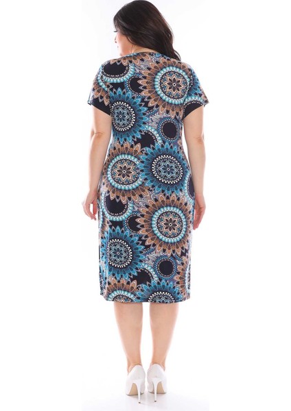 Kruvaze Yaka Desenli Büyük Beden Elbise 22B-0964 modelleri