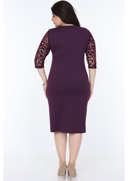 Mor Renkli Büyük Beden T-Shirt Elbise Klasik Stil Truvakar Kol Kadın fırsatları