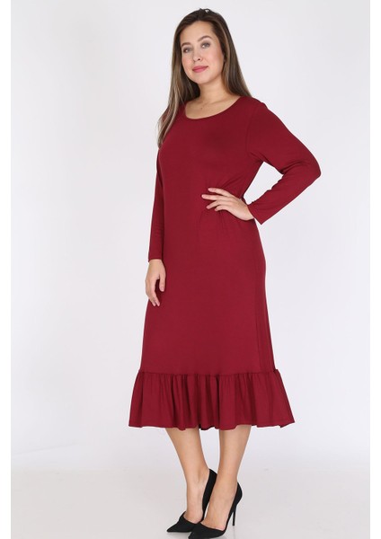 Bordo Uzun Kollu Büyük Beden Elbise 12C-0786 modelleri