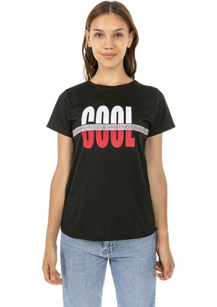 Vıshenka Kadın Siyah Compact Penye Baskılı Tişört fırsatları