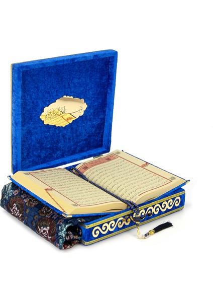 Kadife Kaplı Sandıklı Kişiye Özel Hediyelik Seccadeli Kuranı Kerim Seti Lacivert modelleri
