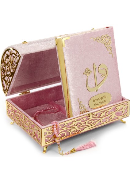 Kadife Kaplı Define Sandıklı Kişiye Özel Hediyelik Kuranı Kerim Seti Pembe